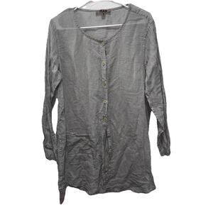FLAX Linen Tunic Top Medium Gray Button Front Long Sleeve Made Lithuania Boho